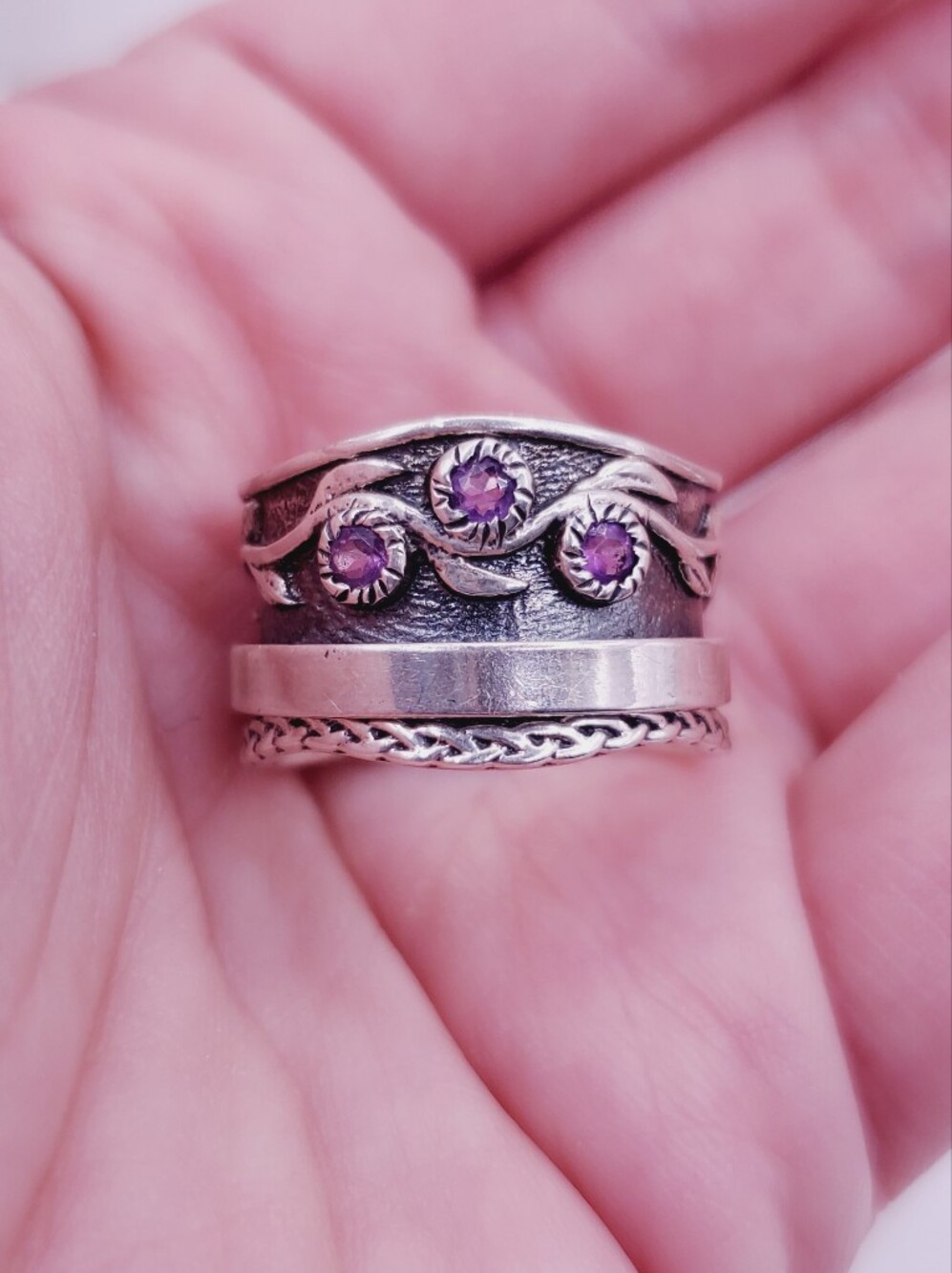 Genuine Amethyst 925 Sterling Silver Fidget Spinner Braided Band Leaf Ring - Picture 10 of 11